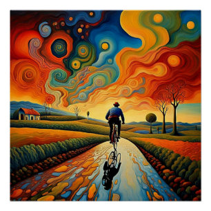Pôster Carona de bicicleta no pôr do sol 1