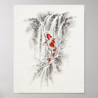 Poster Carpa Koi de Tinta Saltando Cachoeira