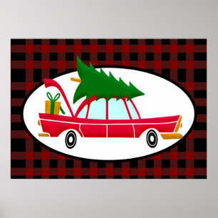 Poster Carregando de carro vermelho retrô em árvore de 