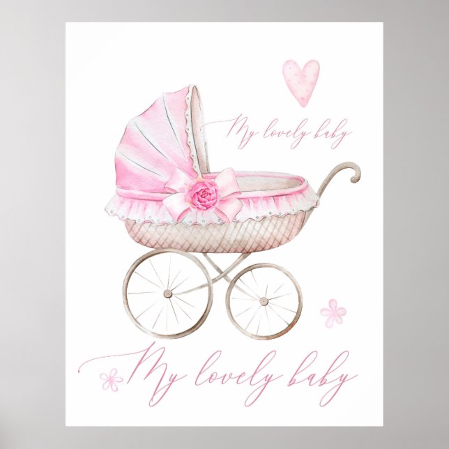 Poster Carrinho de Bebê Menina Berçário Aquarela Rosa (Frente)