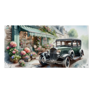 Pôster Carro Antigo e Charmoso Loja de Flores Aquarela
