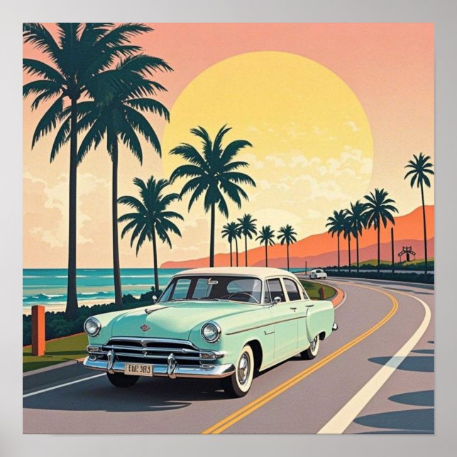 Poster Carro antigo estilo retrô em uma estrada costeira (Frente)