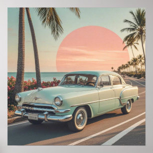 Poster Carro antigo estilo retrô em uma estrada costeira