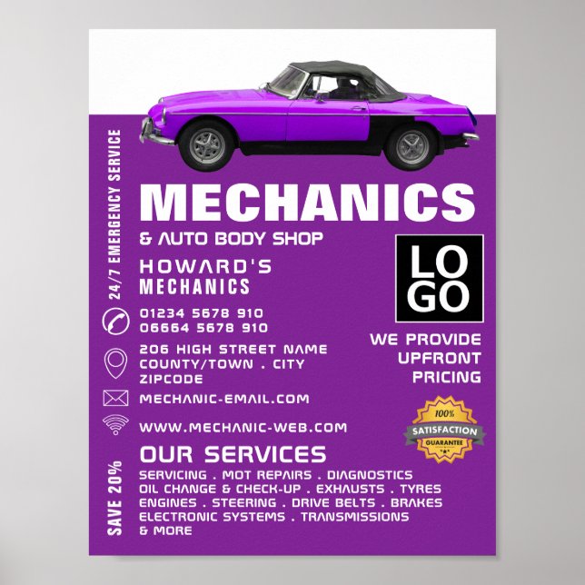 Poster Carro Clássico, Mecânico Automático e Reparo Publi (Frente)