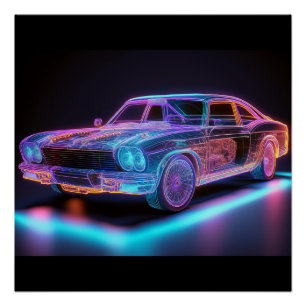 Pôster Carro Clássico Neon-Glow - Arte Vibes Futurística