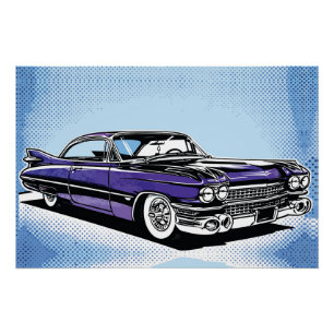 Pôster Carro Clássico Roxo Retro Arte Pop Lateral