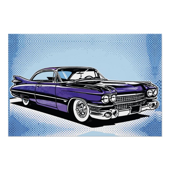 Pôster Carro Clássico Roxo Retro Arte Pop Lateral (Frente)