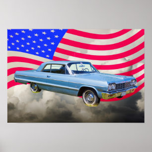 Pôster Carro De Chevrolet Impala E Bandeira Americana De