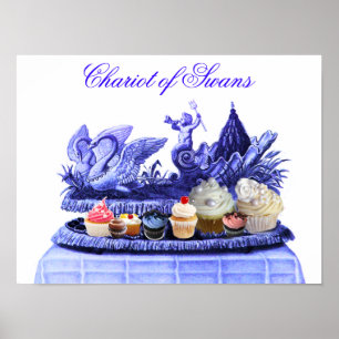 PÔSTER CARRO DE CISNES E CUPCAKES AZUL ANTIGO