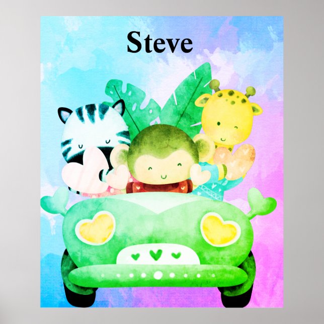 Poster Carro de cor diferente com animais de jardim zooló (Frente)