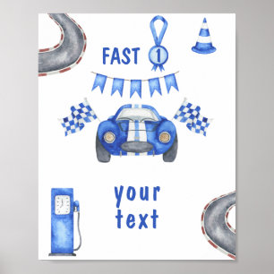 Poster Carro de corrida aquarela Primeiro aniversário tex