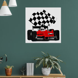 Poster Carro de Corrida com Bandeira Xadrez