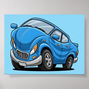 Poster Carro de Desenho Animado Azul Deformado Automático