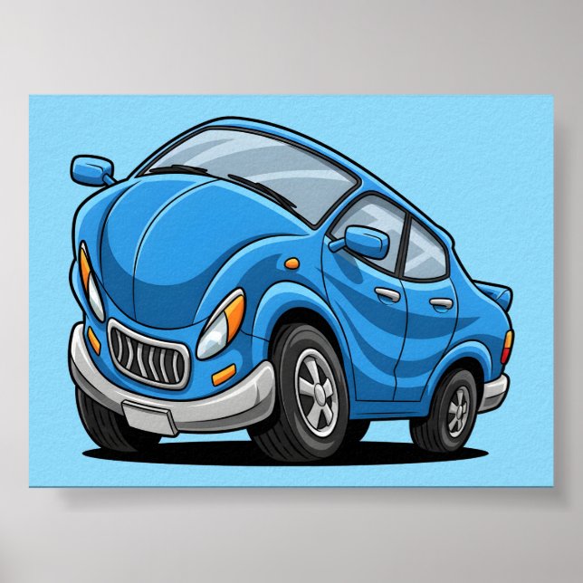 Poster Carro de Desenho Animado Azul Deformado Automático (Frente)
