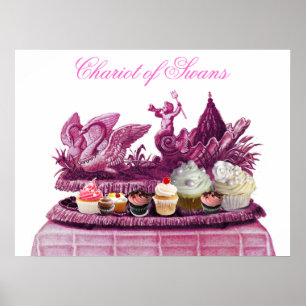 POSTER CARRO DE PÉSSEGO ANTIGO DE CISNES E CUPCAKES