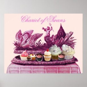 PÔSTER CARRO DE PINK ANTIGO DE CISNES E CUPCAKES