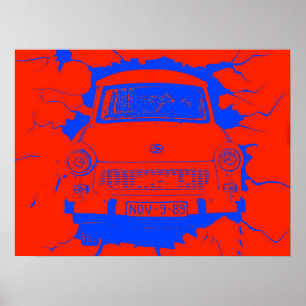 Pôster Carro de Trabant e muro de Berlim vermelho/azul