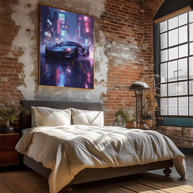 Pôster Carro desportivo cromo na cidade de Cyberpunk Neon (Criador carregado)