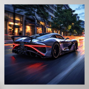 Poster Carro Esportivo Preto Esbelto Cidade Noturna Veloc
