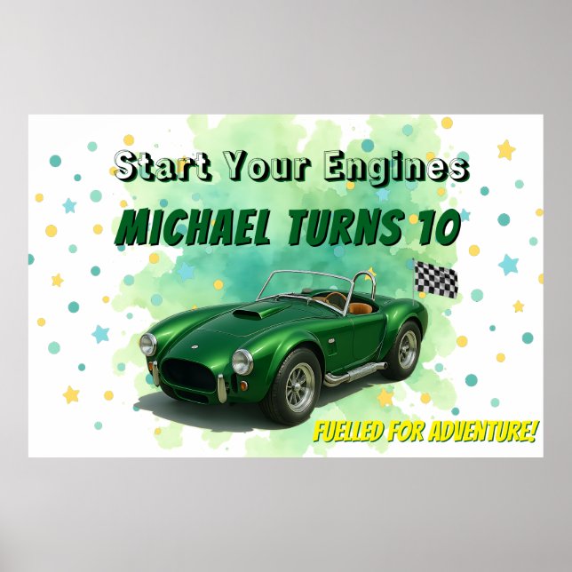 Poster Carro Festa de aniversário Verde de 10 anos (Frente)