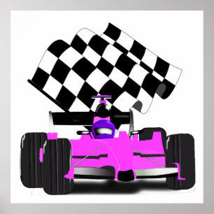 Pôster Carro Girly Race Rosa com Sinalizador Verificado