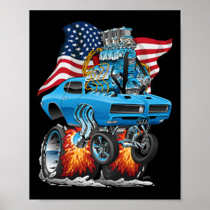 Poster Carro Patriótico Musculoso dos Anos 60 Dragster Di