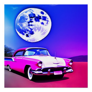 Pôster Carro rosa roxo azul no céu de lua azul arte de ia