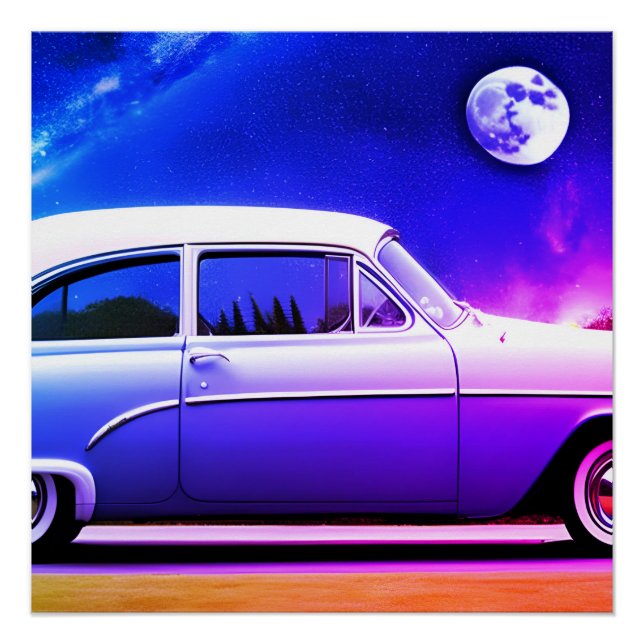 Pôster Carro roxo rosa azul em arte de ia lua azul (Frente)