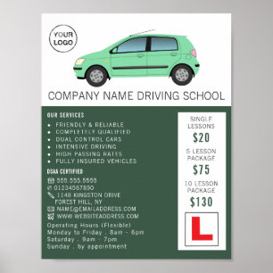 Poster Carro Verde Moderno, Escola de Condução, Instrutor