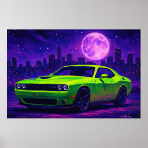 Poster Carro Verde Neon Sob Céu Roxo