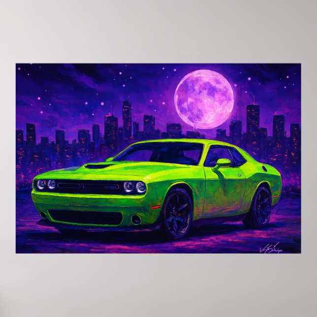 Poster Carro Verde Neon Sob Céu Roxo (Frente)