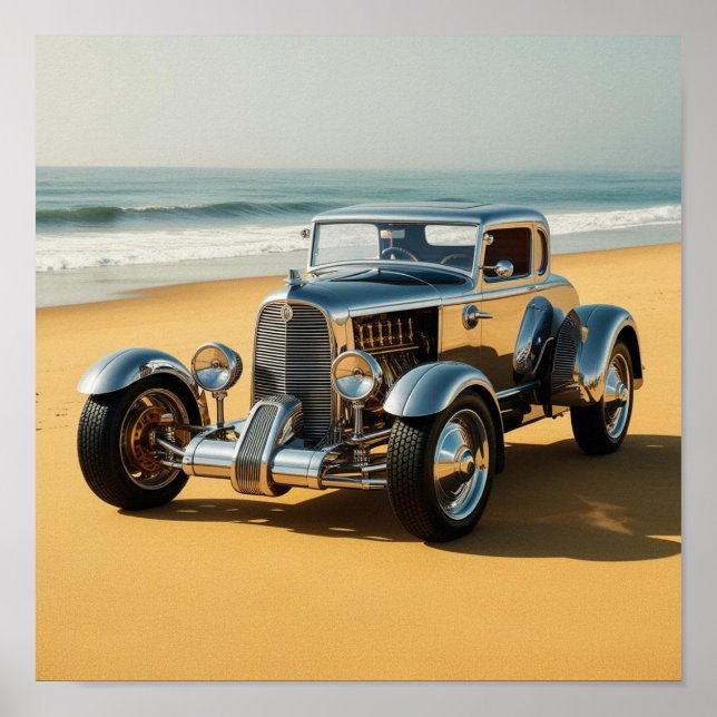 Poster Carro vintage de prata na praia (Frente)
