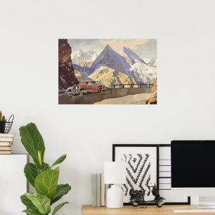 Poster Carro vintage na estrada da montanha no inverno