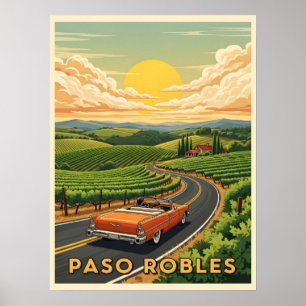 Poster Carro vintage paso rouba o país de vinho no pôr do