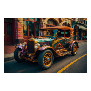 Pôster Carro vintage Steampunk na Cidade