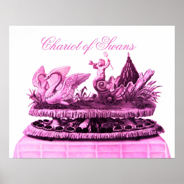 PÔSTER CARROÇA ROSA ANTIGA DE CISNES E CUPCAKES (Frente)