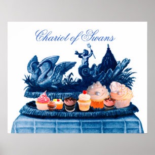 POSTER CARROÇA ROSA ANTIGA DE CISNES E CUPCAKES