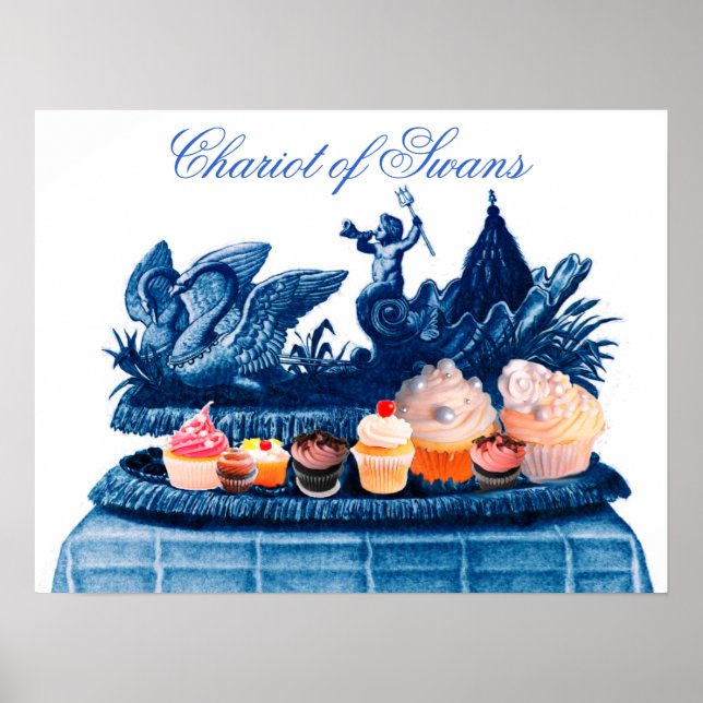 POSTER CARROÇA ROSA ANTIGA DE CISNES E CUPCAKES (Frente)