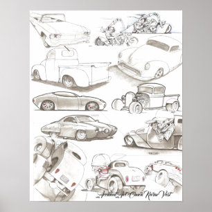 Poster Carros clássicos, caminhões, bicicletas, arte do