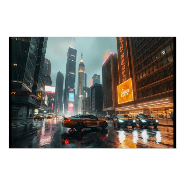 Pôster Carros da cidade de arranha-céu Cyberpunk (Frente)