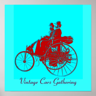 Poster Carros vintage que recolhem, urquase azul vermelho