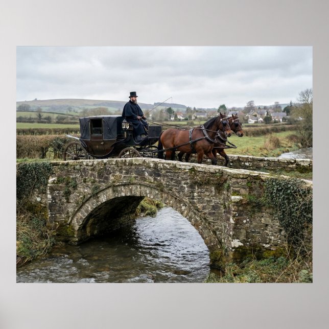 Poster Carruagem Puxada a Cavalos sobre Ponte de Pedra (Frente)