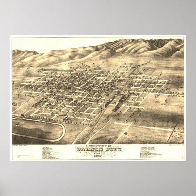 Poster Carson City, NV cerca de 1875 "Bird's Eye" Map (Frente)