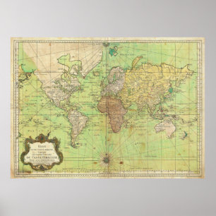 Pôster Carta 1778 de Bellin ou mapa náutico do mundo