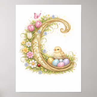 Poster Carta C de Berçário Bebê Inicial Floral Dourado