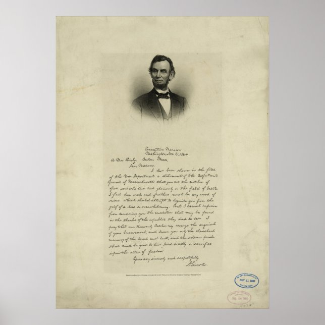 Pôster Carta da Guerra Civil de Abraham Lincoln à Sra. Bi (Frente)
