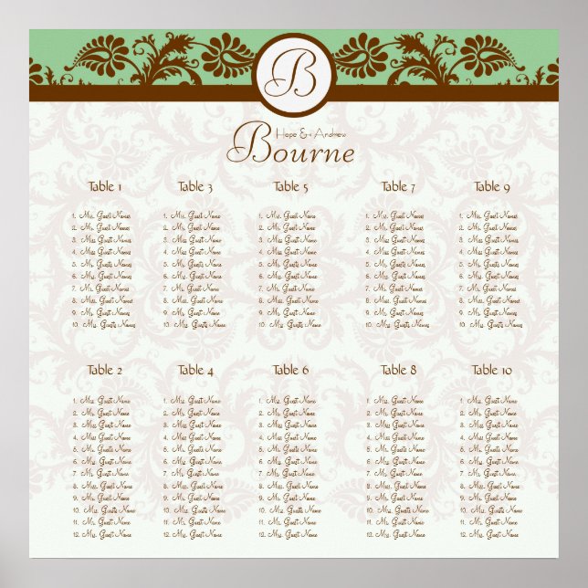 Pôster Carta de Assentos Damask Verde Mint Brown 10 Mesas (Frente)