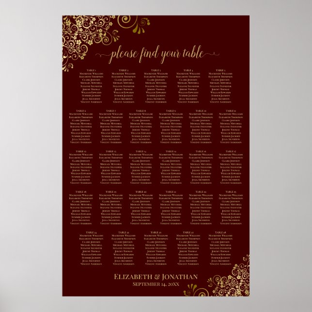 Poster Carta de Assentos de Casamento com 28 Mesas em Mar (Frente)