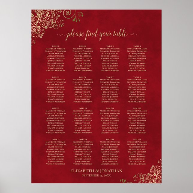 Poster Carta de Assentos de Casamento com Renda Dourada e (Frente)