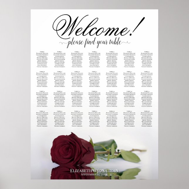 Poster Carta de Assentos de Casamento de Mesa 28 Rosa Bur (Frente)